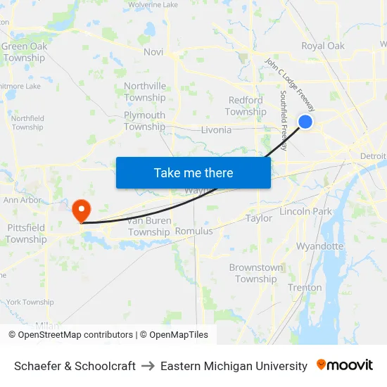 Schaefer & Schoolcraft to Eastern Michigan University map