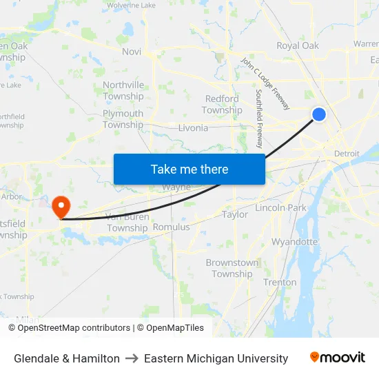 Glendale & Hamilton to Eastern Michigan University map