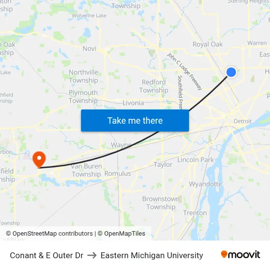 Conant & E Outer Dr to Eastern Michigan University map