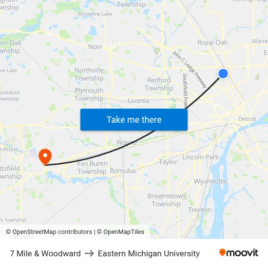 7 Mile & Woodward to Eastern Michigan University map