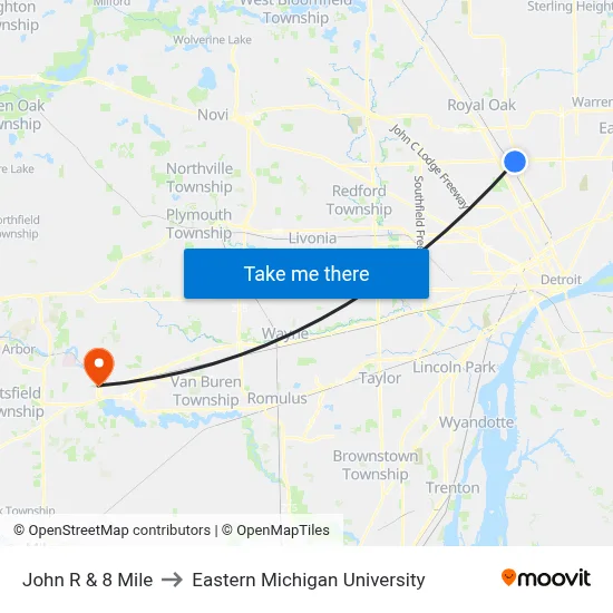 John R & 8 Mile to Eastern Michigan University map