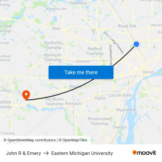John R & Emery to Eastern Michigan University map