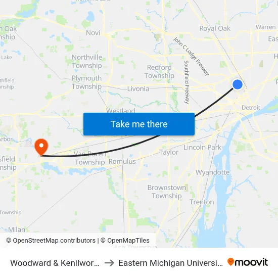 Woodward & Kenilworth to Eastern Michigan University map