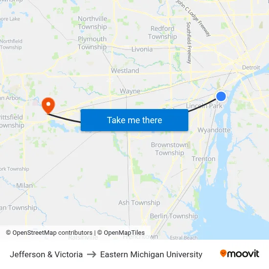 Jefferson & Victoria to Eastern Michigan University map
