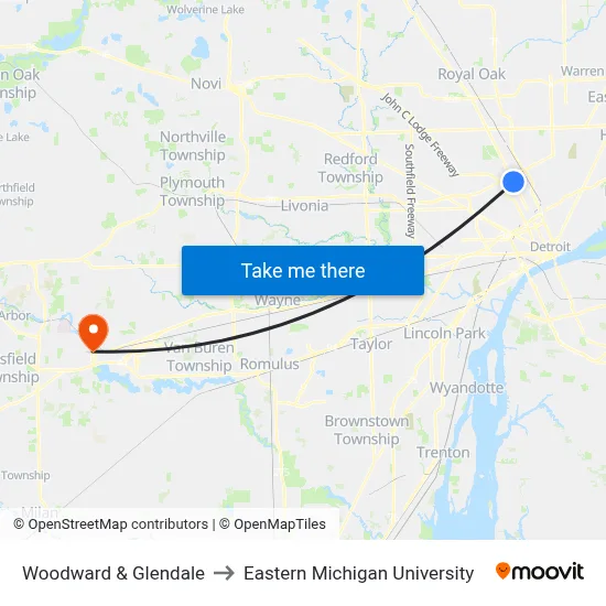 Woodward & Glendale to Eastern Michigan University map