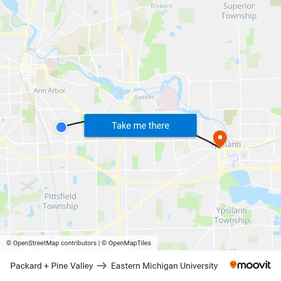 Packard + Pine Valley to Eastern Michigan University map