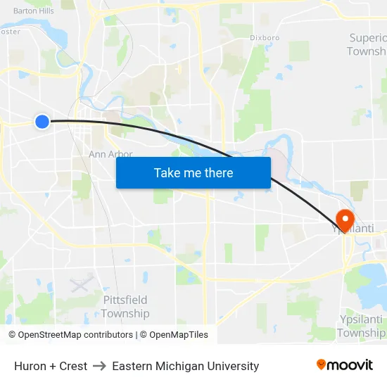 Huron + Crest to Eastern Michigan University map