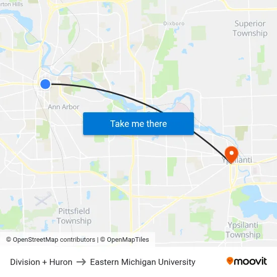 Division + Huron to Eastern Michigan University map