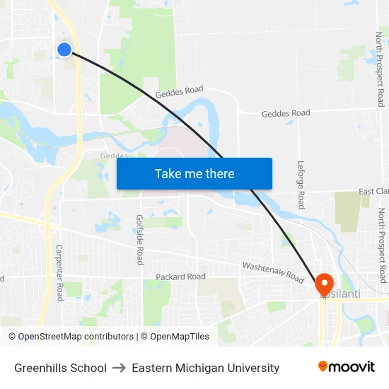 Greenhills School to Eastern Michigan University map