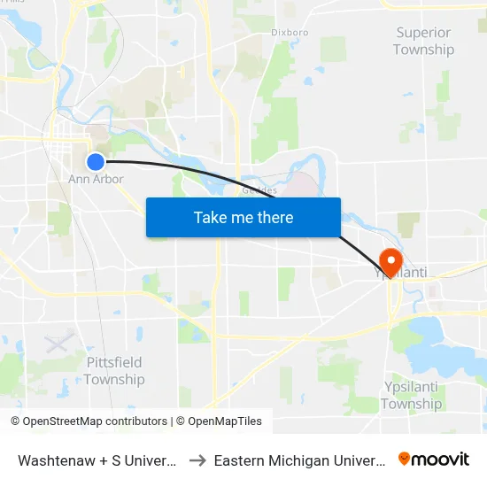 Washtenaw + S University to Eastern Michigan University map