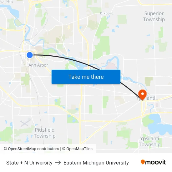 State + N University to Eastern Michigan University map