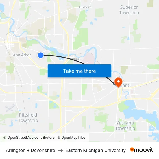 Arlington + Devonshire to Eastern Michigan University map