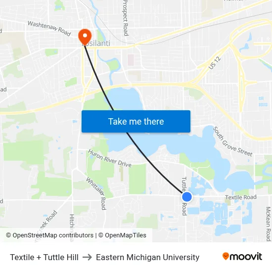 Textile + Tuttle Hill to Eastern Michigan University map