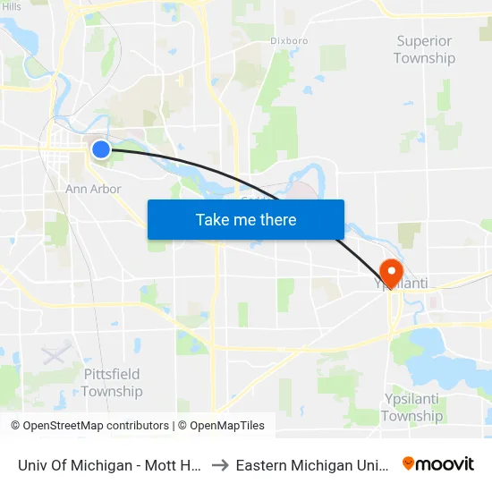 Univ Of Michigan - Mott Hospital to Eastern Michigan University map