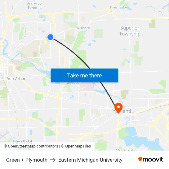 Green + Plymouth to Eastern Michigan University map