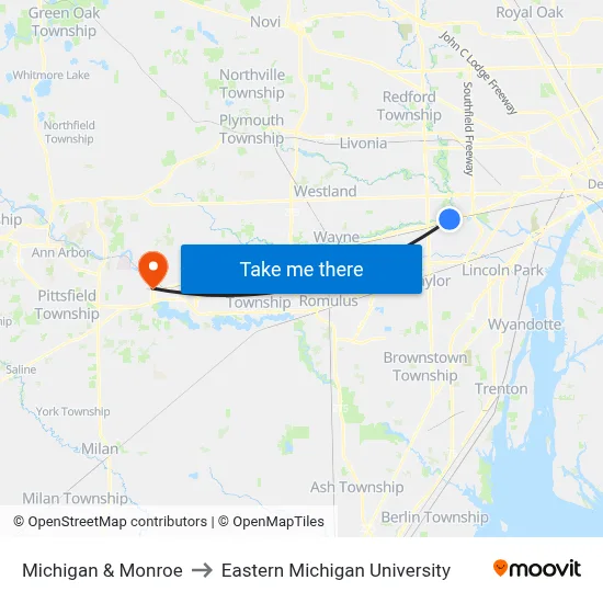 Michigan & Monroe to Eastern Michigan University map