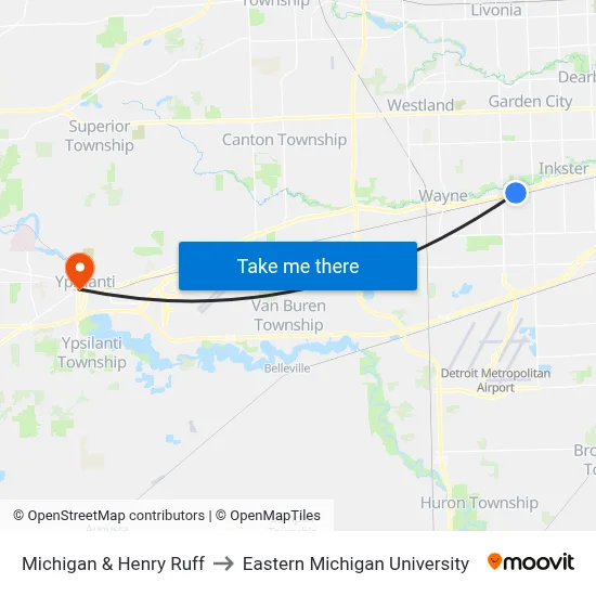 Michigan & Henry Ruff to Eastern Michigan University map