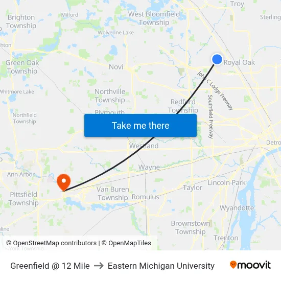 Greenfield @ 12 Mile to Eastern Michigan University map