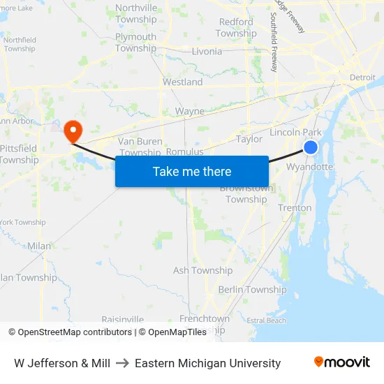 W Jefferson & Mill to Eastern Michigan University map