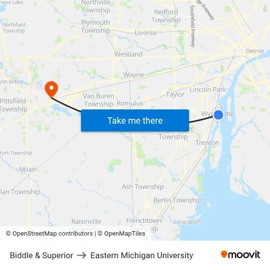 Biddle & Superior to Eastern Michigan University map