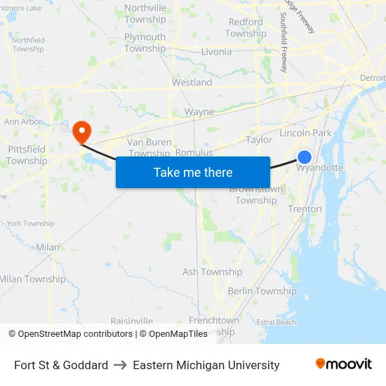 Fort St & Goddard to Eastern Michigan University map