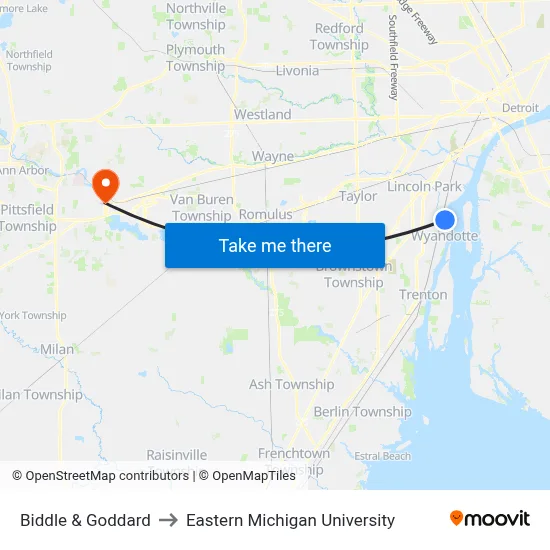 Biddle & Goddard to Eastern Michigan University map