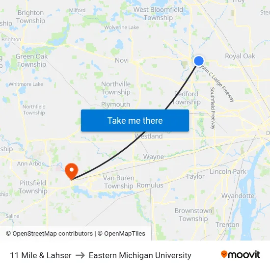 11 Mile & Lahser to Eastern Michigan University map
