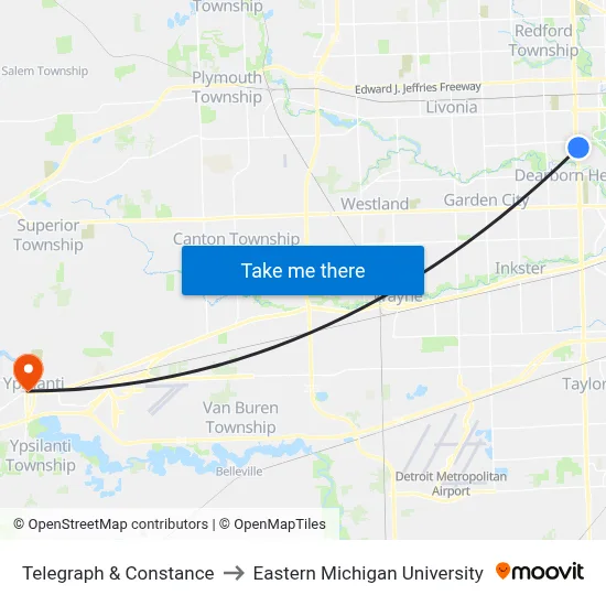 Telegraph & Constance to Eastern Michigan University map