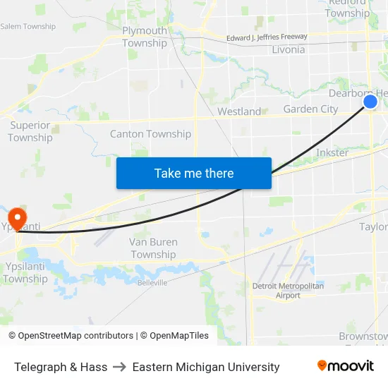 Telegraph & Hass to Eastern Michigan University map