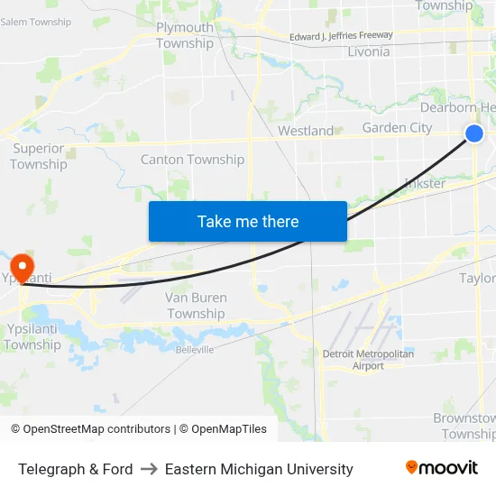 Telegraph & Ford to Eastern Michigan University map