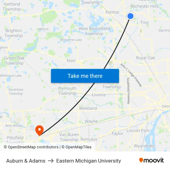 Auburn & Adams to Eastern Michigan University map
