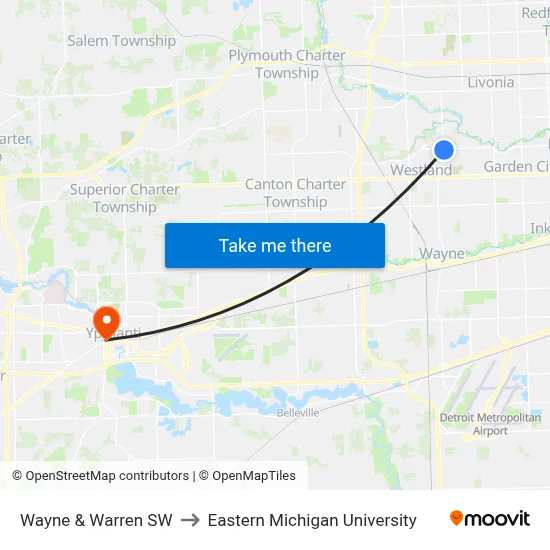 Wayne & Warren SW to Eastern Michigan University map
