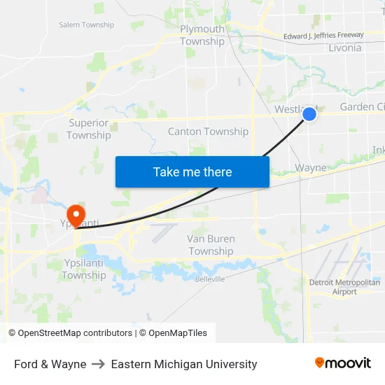 Ford & Wayne to Eastern Michigan University map