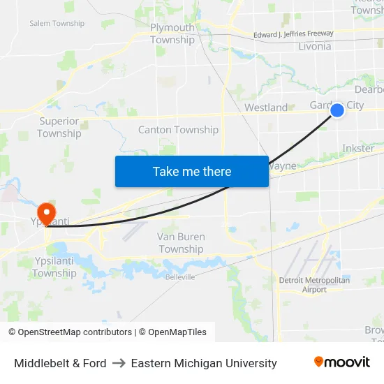 Middlebelt & Ford to Eastern Michigan University map