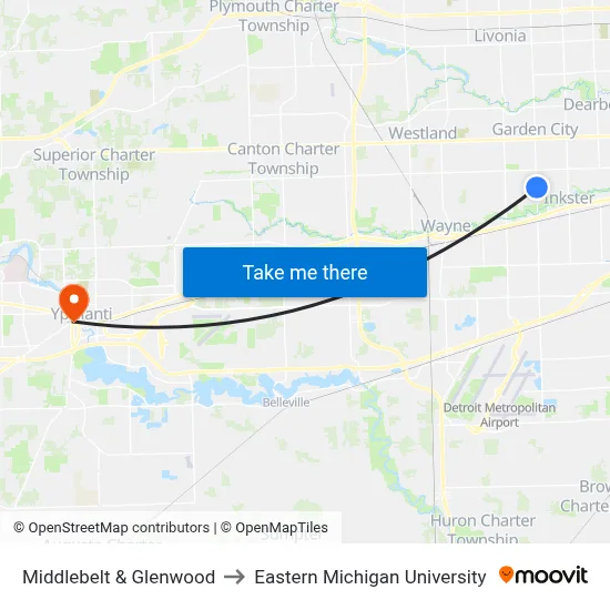 Middlebelt & Glenwood to Eastern Michigan University map