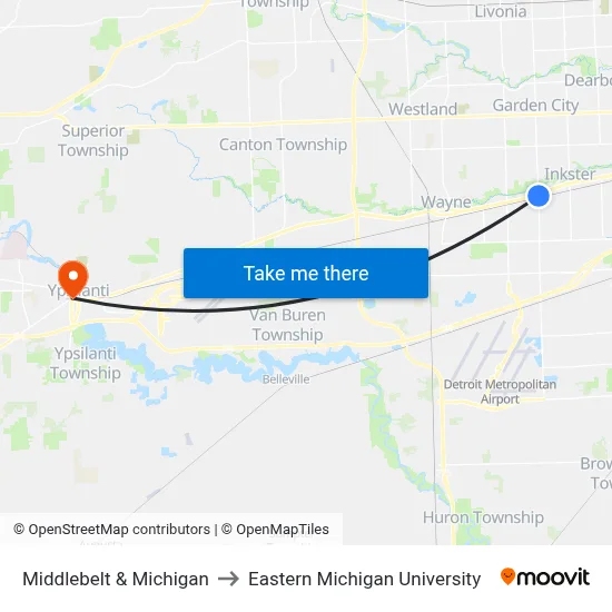 Middlebelt & Michigan to Eastern Michigan University map