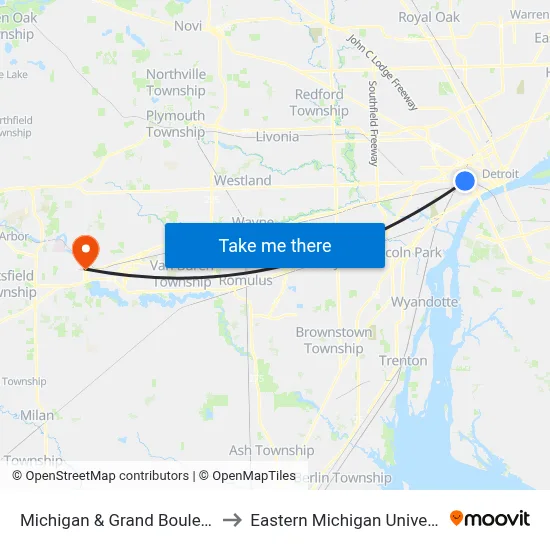 Michigan & Grand Boulevard to Eastern Michigan University map
