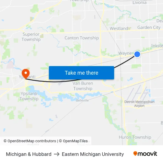 Michigan & Hubbard to Eastern Michigan University map