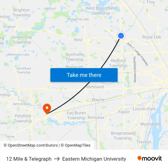 12 Mile & Telegraph to Eastern Michigan University map