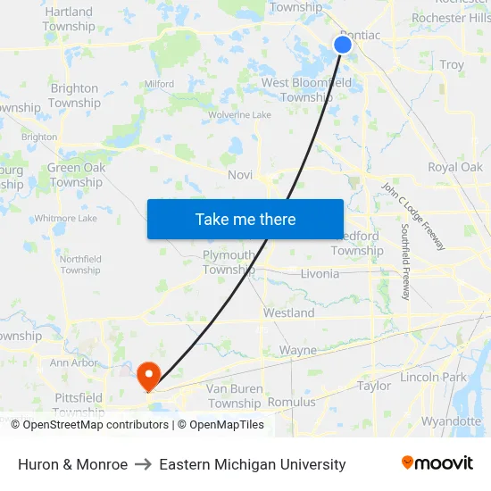Huron & Monroe to Eastern Michigan University map