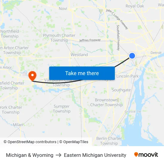 Michigan & Wyoming to Eastern Michigan University map