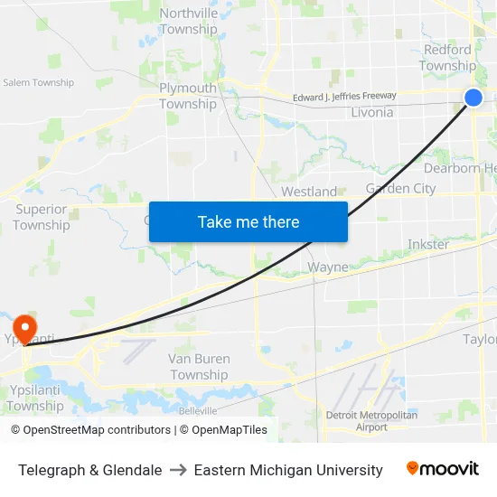 Telegraph & Glendale to Eastern Michigan University map
