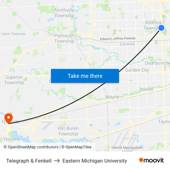 Telegraph & Fenkell to Eastern Michigan University map