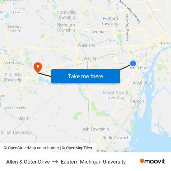 Allen & Outer Drive to Eastern Michigan University map