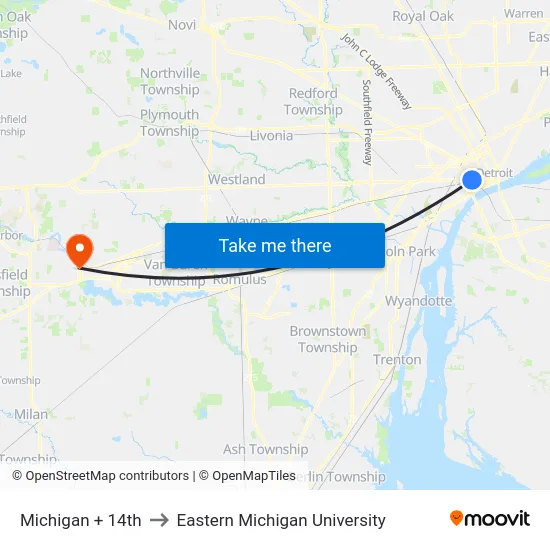 Michigan & 14th to Eastern Michigan University map