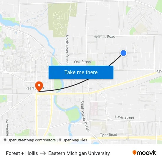 Forest + Hollis to Eastern Michigan University map