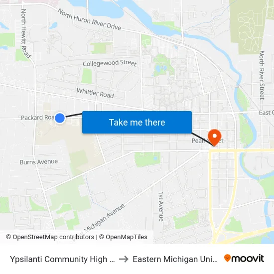 Ypsilanti Community High School to Eastern Michigan University map