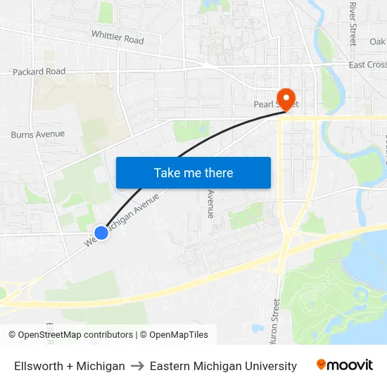 Ellsworth  + Michigan to Eastern Michigan University map