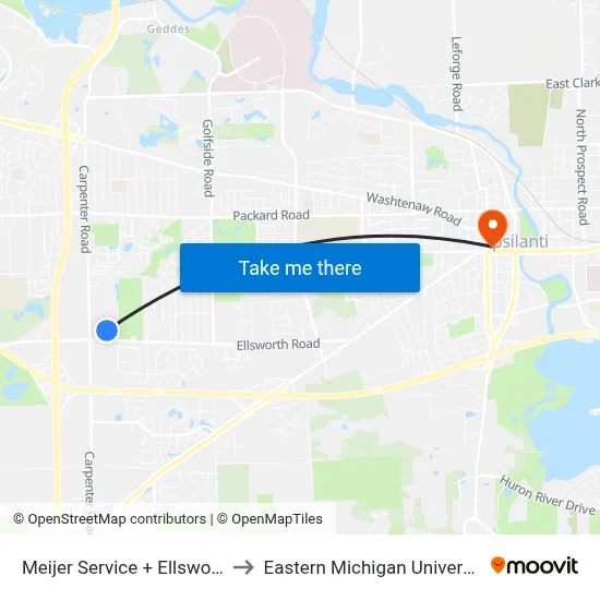 Meijer Service + Ellsworth to Eastern Michigan University map