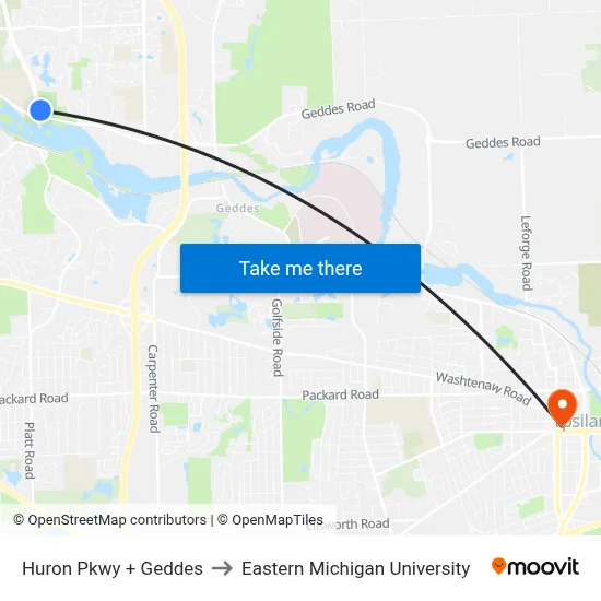 Huron Pkwy + Geddes to Eastern Michigan University map